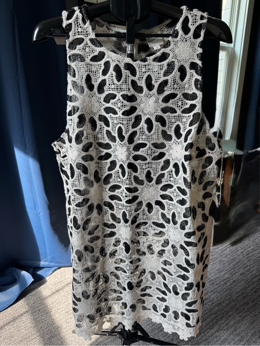 LOFT Beach Black & Cream Geometric Crochet Mini Cover-Up Dress NWT